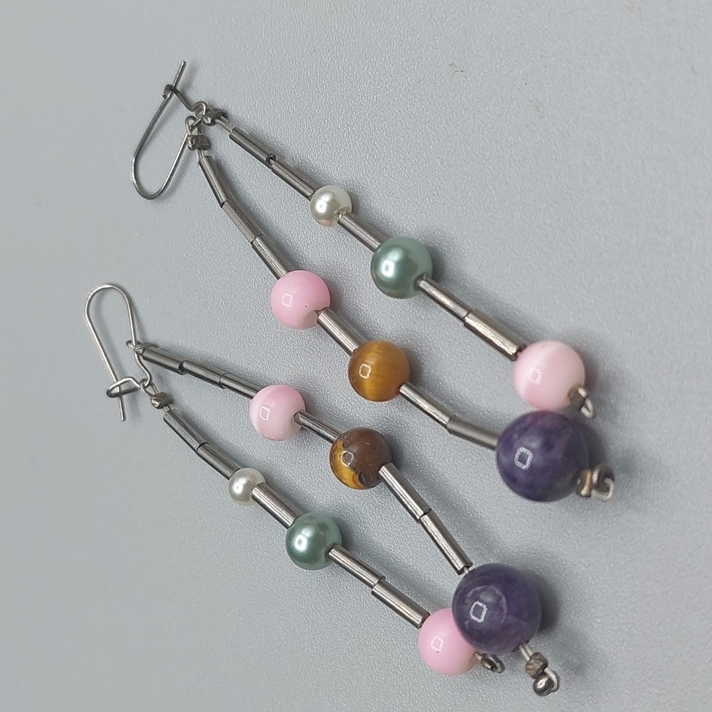 Multi Gemstones Linear Drop Liquid Silver Tone St… - image 2